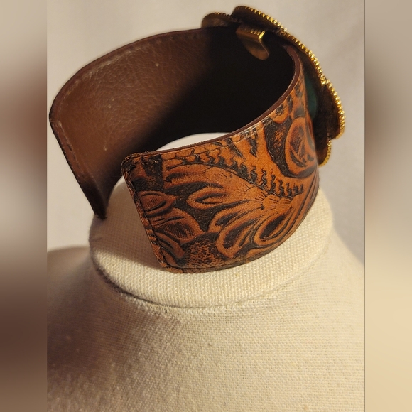Studio Barse Leather Cuff Bracelet Tooled Brass and Turquoise - Picture 4 of 13